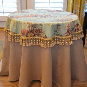 French Country Toile Table Cover, 46 Inches Diameter, Rare Fabric, Vintage Trim